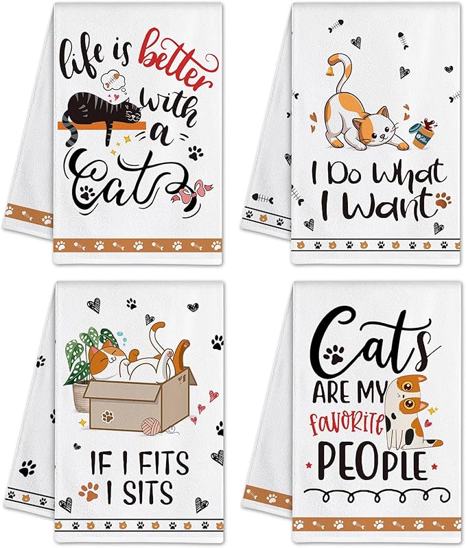 Hexagram Cat Kitchen Towels Set of 4, Cat Lover Gifts for Women, Funny Cute Housewarming Dish Hand Towels for Home Kitchen Decor