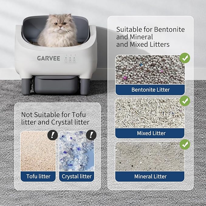 Garvee Self Cleaning Litter Box, Open-Top Automatic Cat Litter Box with APP Control, Odor-Free Waste Disposal Includes Trash Bags, 10.5L Large Waste Bin, for Multiple Cats, White/Grey