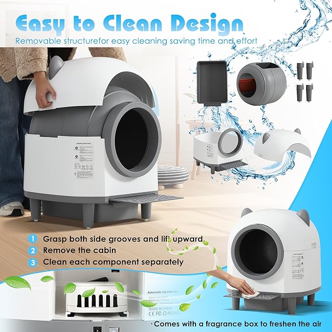 Automatic Cat Litter Box, Self Cleaning Litter Box with APP Control for Multiple Cats, Large Robot Kitty Litter Box with Safety Sensors, Odor Removal, 2 Roll Garbage Bags, 90L Cat Ears Design