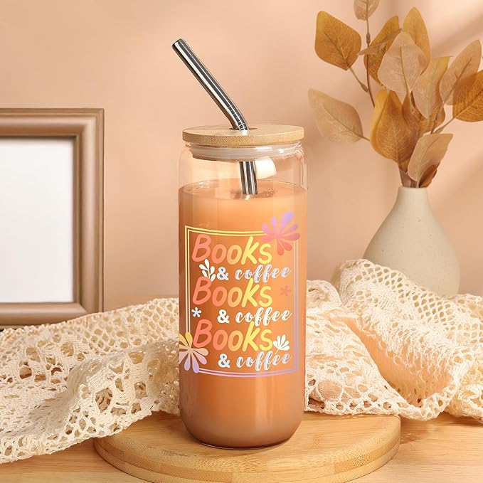 Joeyan Glass Cups with Lids and Straws - 20oz Iced Coffee Cup, Books Coffee Lover Glass Tumbler, Aesthetic Reading Drinking Glasses for Smoothie Boba Tea, Book Lover Gift for Women, Reader, Friend