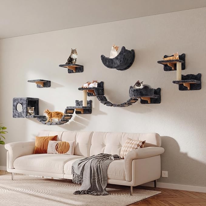Cat Wall Shelves, Wall Mounted Cat Shelf Furniture with Plush Fabric(13 Piece Set), Cats Furniture with Moon Hammock, Condos, House, Steps, Bridge Ladder, Scratching Post, Grey
