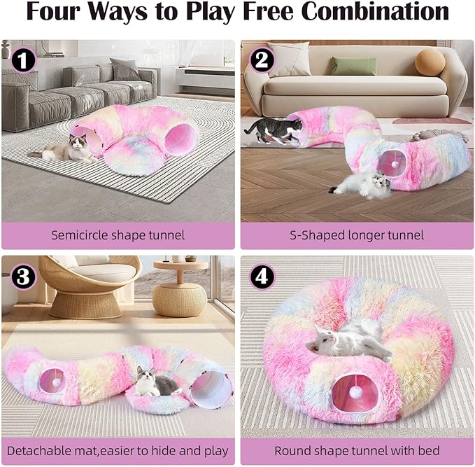 Cat Tunnel Bed with 20 Pcs Interactive Toys, 3-in-1 DIY Collapsible Plush Cat Tube with Washable Mat, Large Indoor Play Tunnel Cave for Kittens and Small Animals
