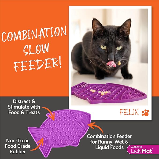LickiMat Felix, Fish-Shaped Cat Slow Feeders Lick Mat, Boredom Anxiety Reducer; Perfect for Food, Treats, Yogurt, or Peanut Butter. Fun Alternative to a Slow Feed Cat Bowl or Dish, Pink