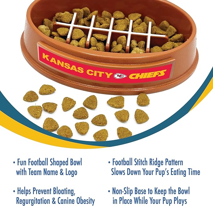 NFL Super-Bowl Kansas City Chiefs Slow Feeder Dog & Cat Bowl. Football Design for Healthy Digestion. Non-Slip for Large & Small Pets