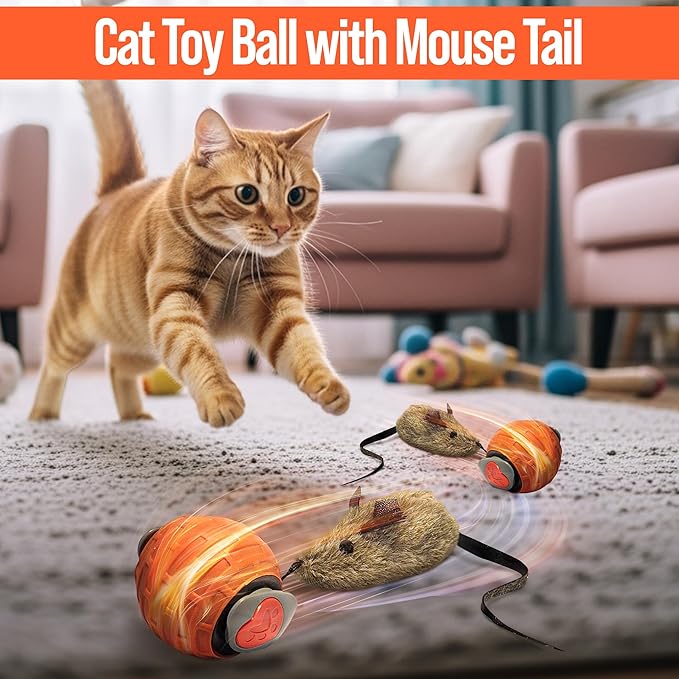 Interactive Cat Toy for Indoor Cats & Kittens – GlobalSun Speedy Tail 2.0 Motion Activated Automatic Cat Toy Ball – USB Rechargeable Moving Ball with 4 Tails Including Mouse for Enrichment