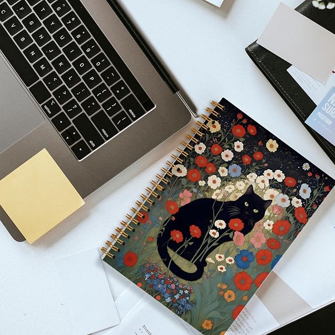 Black Cat Notebook, Moody Floral Botanical Cat Journal for Writing, Black Cat Lovers Gifts for Women, Cottagecore Aesthetic Spiral Notebook 5.5x8.3 Inch