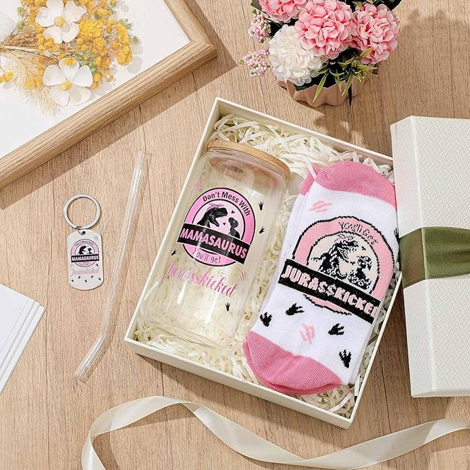 Paterr 4 Pcs Mom Gifts for Mother's Day Mamasaurus Gift for mother women Birthday Decorations，with Canvas Tote Bag 16oz Glass Coffee Cup with Straw Socks Cute Keychain