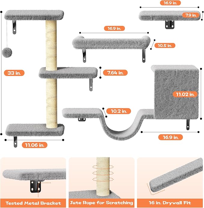 Cat Wall Shelves for Large Cats, Stable & Safe Kitty Walls Furniture Set for 40LBS Cats with Wooden Cat Climber,House, Bridge, Tree, Steps, and Scratcher for 16 Inch Drywall (Grey, 5-in-1)