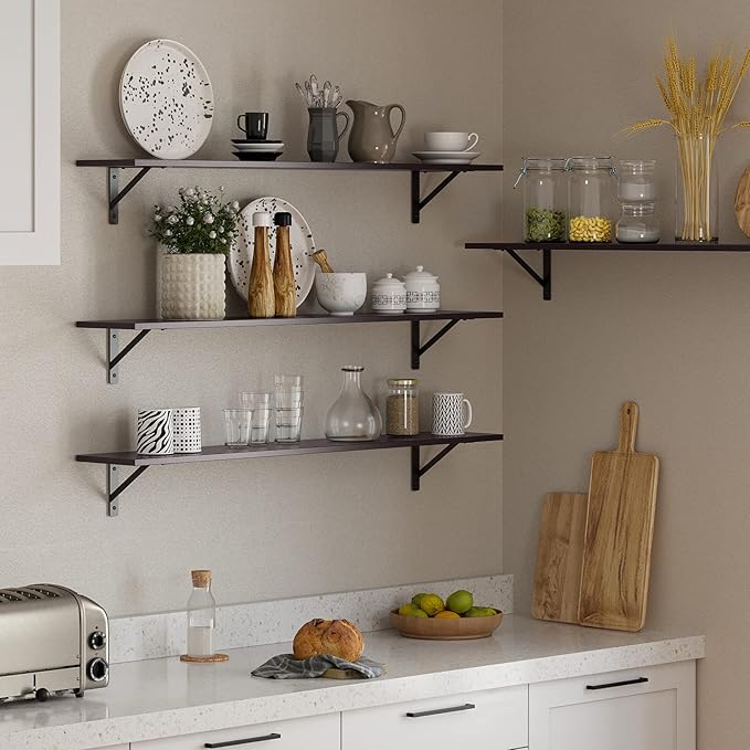 DINZI LVJ Long Wall Shelves, 47.3Inch Wall Mounted Shelves Set of 2, Extra Large Wall Storage Ledges with Sturdy Metal Brackets for Living Room, Bathroom, Bedroom, Kitchen, Espresso