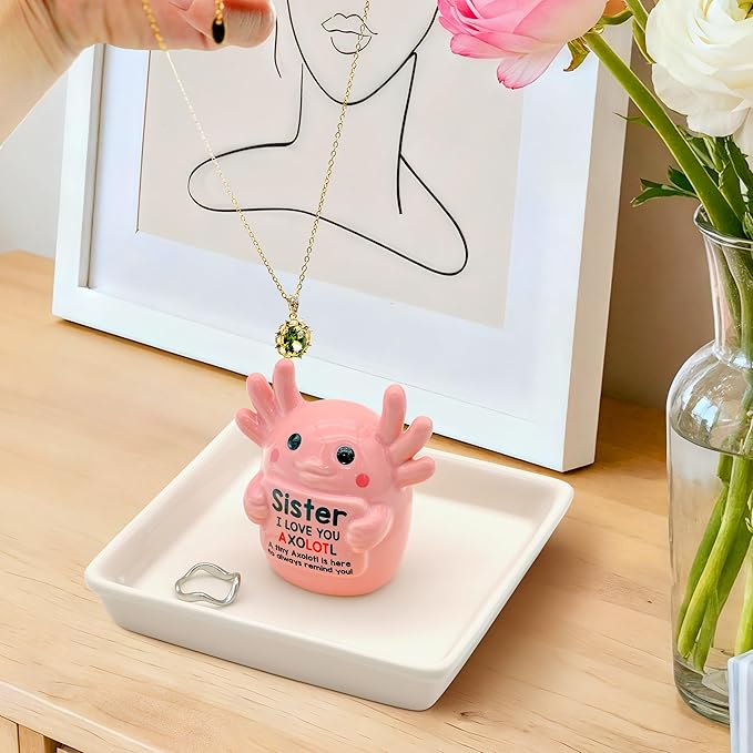 Sister Gifts: Pink Axolotl Ring Holder - Sister I Love You Axolotl - Gifts for Sisters Mother's Day, Birthday, Christmas & Wedding, Jewelry Organizer for Rings Bracelets Earrings Neckalce