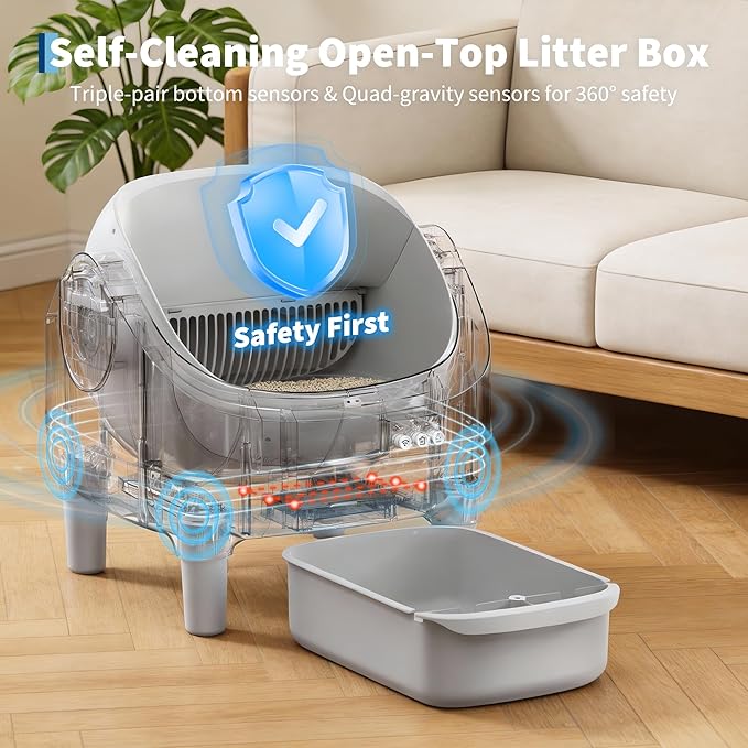 Self Cleaning Litter Box, Automatic Cat Litter Box with APP Control, Odor-Free Waste Disposal Includes Trash Bags, Large Waste Bin, Open-Top, for Large Cats & Multiple Cats