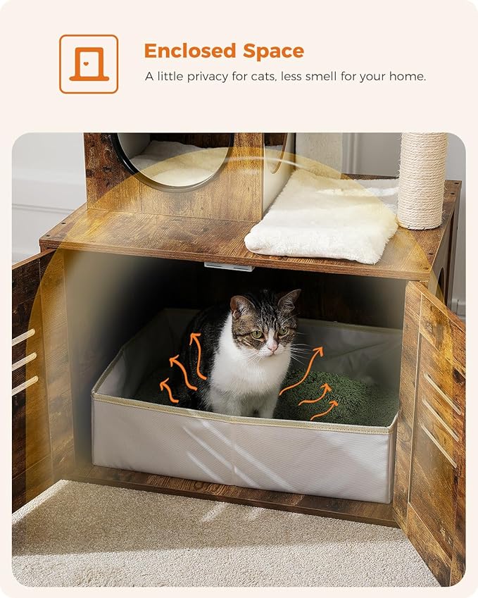 MUTTROS Cat Tree with Litter Box Enclosure, 50" Modern Cat Tree for Large/Fat Cats with Cat Condo, Wooden Cat Furniture with Large Hammock and Top Perch, Rustic Brown