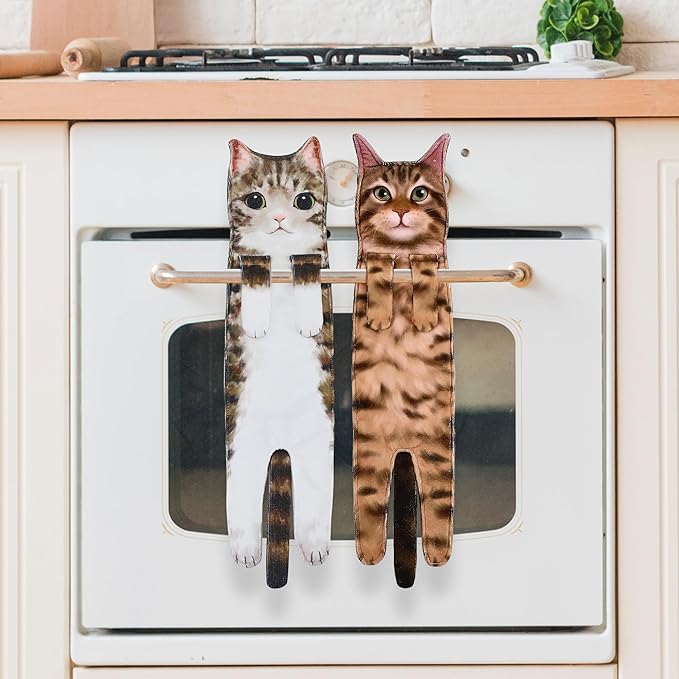 Funny Hand Towels for Bathroom Kitchen Decor - Cute Cat Hanging Hand Towel Kitchen Gadgets - Unique Housewarming Birthday Christmas Cat Lover Gift Ideas for Women Mom Lady Adults