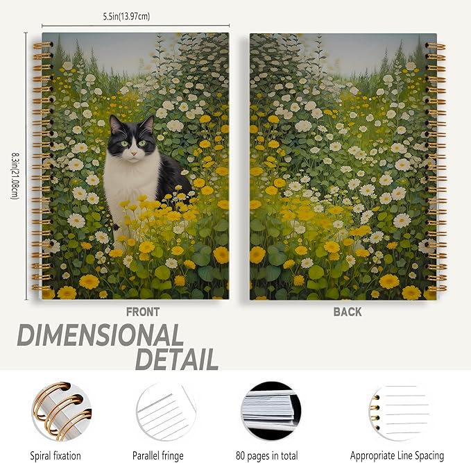 Vintage Floral Tuxedo Cat Notebook, Retro Cottagecore Daisy Flower Botanical Kitty Journal for Writing, Cat Office Supplies, Spiral Notebook 5.5x8.3 Inch