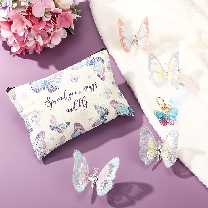 Butterfly Lover Gifts for Women Birthday Gifts Baskets Set Include Canvas Tote Bag, Makeup Bag, Socks, Keychain, Enamel Mug, Small Figurines for Mom, Wife, Sister, Friend