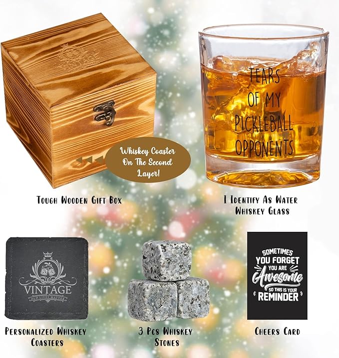 Tears of My Pickleball Opponents Whiskey Glass - Funny Whiskey Gifts for Men, Funny White Elephant Pickleball Gifts Gag Gift Ideas for Men, Christmas Bourbon Glass for Brother Dad Uncle Friends