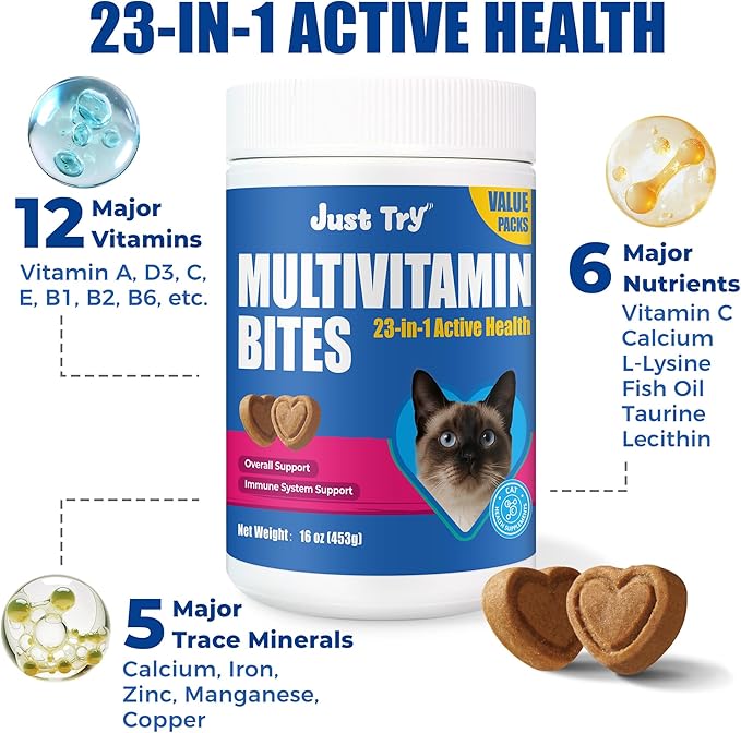 Just Try 23 in 1 Taurine for Cats Vitamins Treats with L-Lysine for Immune, Joint Support Skin & Coat & Heart Health - Multivitamin, HIV Omega 3, Biotin Supplements for Indoor & Senior Cat - 16 oz