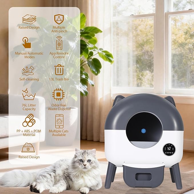 Automatic Cat Litter Box, Self Cleaning Litter Box Large Capacity for Multiple Cats, Electric Litter Box with App Control, Triple Safety Protection, Removable Washable Liner, 1 Rolls Garbage Bags