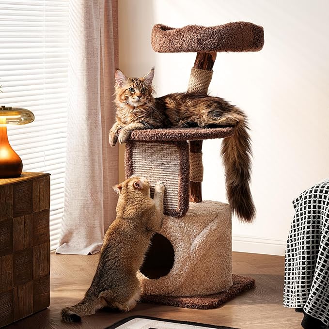 Modern Cat Tree for Large Cats, 40 Inch Solid Wood Cat Tower & Luxury Condo for Indoor Cats Adult, Heavy-Duty Cat Tree for Maine Coon, Stable Multi-Level Scratching Post, Cozy Perch & Hideaway, Brown