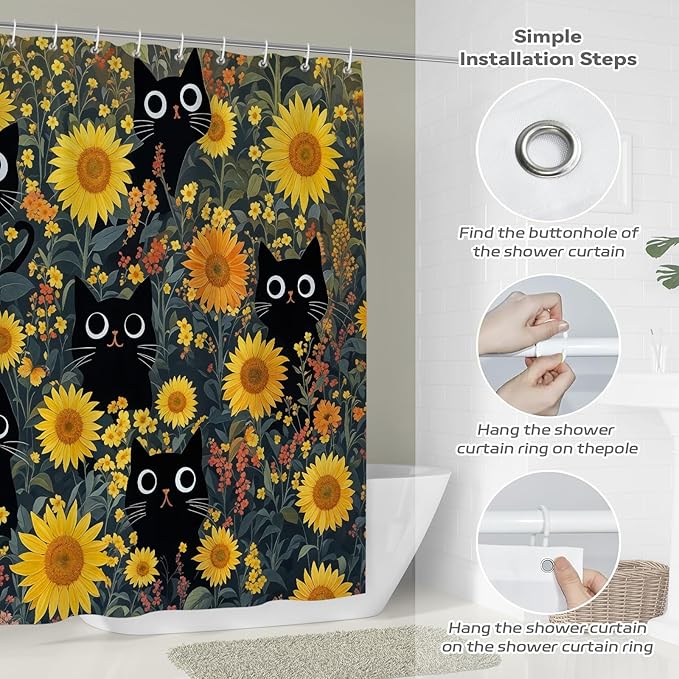 Funny Black Cat Sunflower Shower Curtain for Bathroom, Cute Yellow Floral Botanical Waterproof Polyester Bath Curtains with 12 Hooks,Spring Summer Farmhouse Decor,72 x 72 Inches