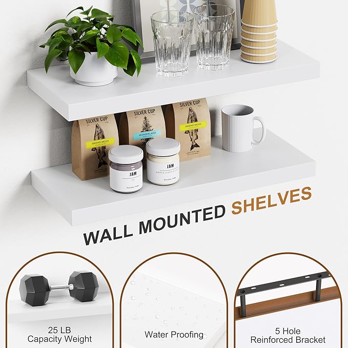 Bellsal Floating Shelves for Wall, White Engineered Wood Wall Shelf Set of 2, 24" Walls Mounted Floating Shelf for Kitchen, Living Room, Bedroom, Bathroom Storage, Book Shelf for Home Decor