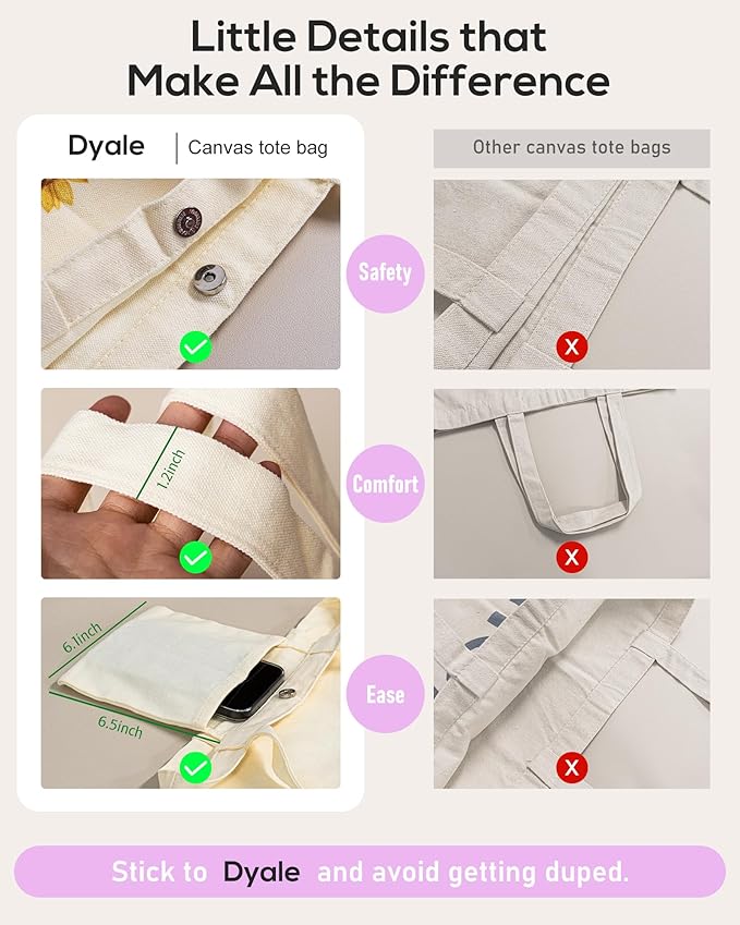 DYALE Canvas Tote Bag Double-Sided Prints with Snap Closure, Cute Tote Bag with Pocket for Shopping, Library, Work, Travel
