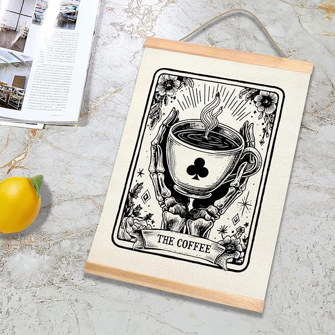 HEYJEEPER Coffee Tarot Card Wall Art ,Gothic Skeleton Hands Holding Cup Prints Linen Poster,Black and White Spiritual Hanging Wall Posters for Coffee Bar,Cafe Shop or Kitchen Home Decor 14x18inch (Coffee03)