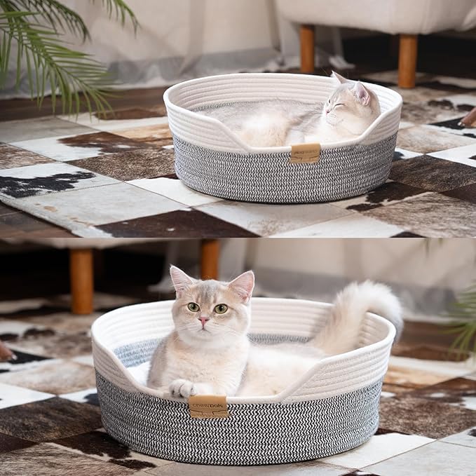 CHEERHOME PETS Cat Bed Basket with Cushion, Cotton Rope Woven Pet Bed for Indoor Cats Couch, Kitten Bed for Medium and Large Cat, All Season Universal (Grey)