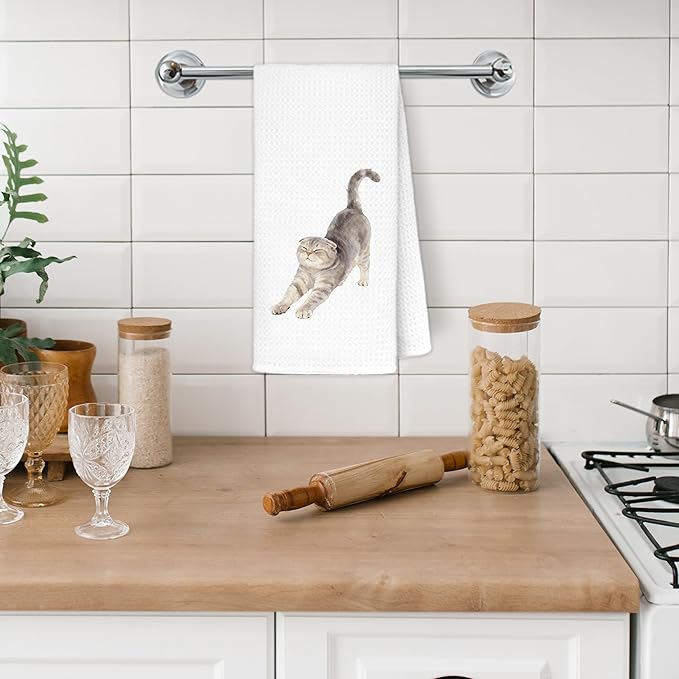 Scottish Fold Cat Kitchen Towels, Cat Owner Gifts Dish Tea Towels for Kitchen Decor, Cute Kitty Kitten Stretching Decorative Hand Towel Bathroom Decor, 16x24 Inch
