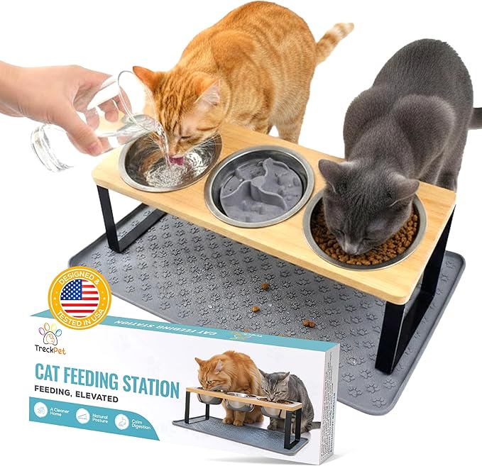 3 Bowl Cat Feeding Station-Cat Bowls Elevated-15° Tilted Cat Food Bowls-Raised Cat Bowls with Anti Slip Mat & Cat Slow Feeder Included–Anti-Vomiting Raised Slow Feeder Cat Bowl-Comedero para Gatos