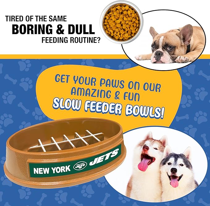 NFL Super-Bowl New York Jets Slow Feeder Dog & Cat Bowl. Football Design for Healthy Digestion. Non-Slip for Large & Small Pets