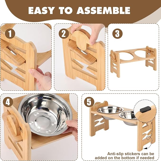 Adjustable Elevated Raised Feeder – Non-Slip Bamboo Stand with 2 Stainless Steel Bowls & 1 Slow Feeder for Small to Medium Size Dogs