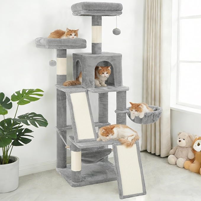 Gitelsnour Multi-Level Cat Tree for Indoor Cats, Cat Tower with 2 Scratching Boards, 2 Plush Padding Platforms, Cat Condo House with Hammock, Basket, Light Gray GCT022W