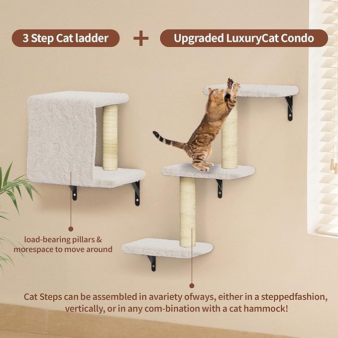 Cat Wall Shelves for Large Cats, Stable & Safe Kitty Walls Furniture Set for 40LBS Cats with Wooden Cat Climber,House, Bridge, Tree, Steps, and Scratcher for 16 Inch Drywall (Beige, 6-in-1)