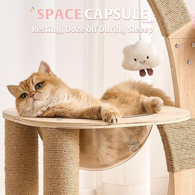 HITTITE Flower Cat Tree with Scratching Post, 36 Inches Cute Cat Tower with Wooden Branch Design, Modern Cat Climbing Tower with Flower Perches and Space Capsule for Indoor Cats Large Adult. Pink