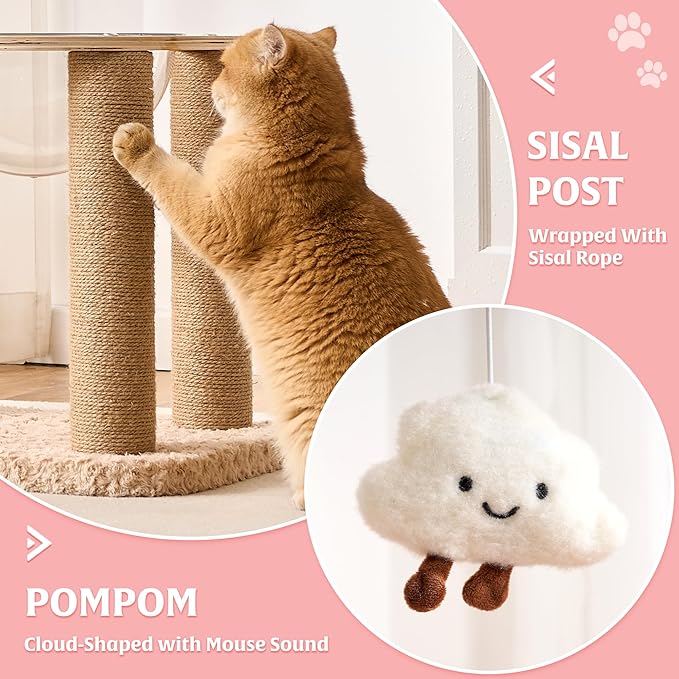 HITTITE Flower Cat Tree with Scratching Post, 36 Inches Cute Cat Tower with Wooden Branch Design, Modern Cat Climbing Tower with Flower Perches and Space Capsule for Indoor Cats Large Adult. Pink