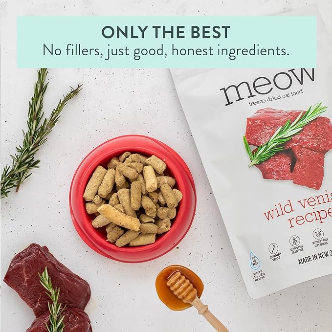 The New Zealand Natural Pet Food Co. Meow Freeze Dried Cat Food - Wild Venison Recipe, High Protein Treats, Meals & Toppers, Dry Cat Food, 1.76 oz