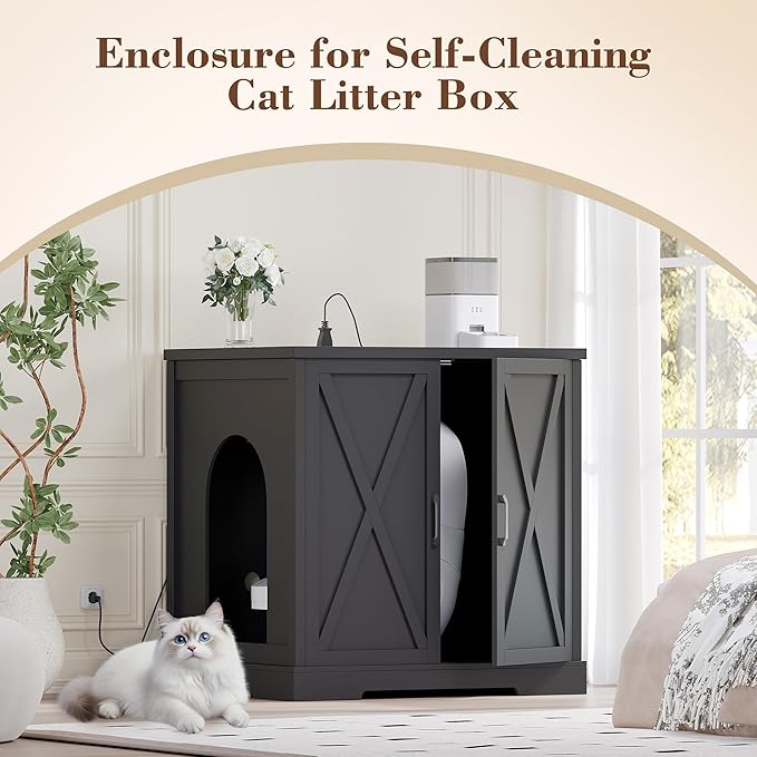Heybly 34.5" Litter Box Enclosure,Large Robot Cabinet with Charging Station,Wooden Cat Litter Box Enclosure Furniture for Self-Cleaning Robot 3 & 4,Hidden for Smart Litter Box Size, Black HCLB004BK