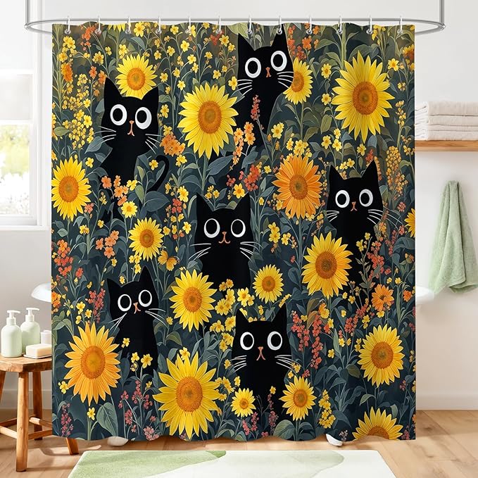 Funny Black Cat Sunflower Shower Curtain for Bathroom, Cute Yellow Floral Botanical Waterproof Polyester Bath Curtains with 12 Hooks,Spring Summer Farmhouse Decor,72 x 72 Inches
