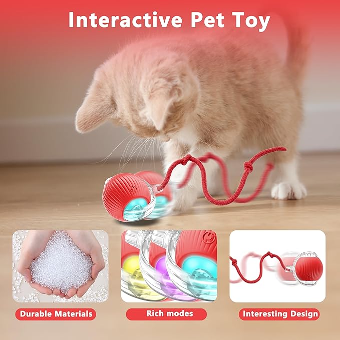 Interactive Cat Ball Toys,Indoor Moving Cat Toys, Automatic Rolling Toy with Cord, Interesting Rotating Ball Toy for Dogs and Cats (Red)