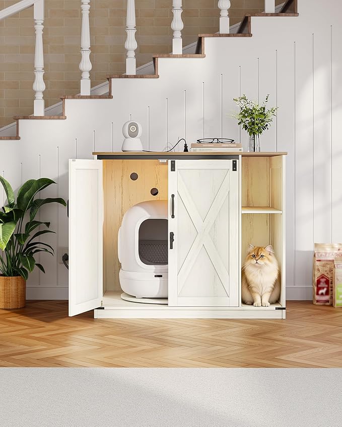 Extra Large Cat Litter Box Enclosure, Hidden Self-Cleaning Litter Box Furniture with Rotating Stand, Farmhouse Cat Cabinet with Power Outlet & Light, Cats House, Rustic White CB86414XV1