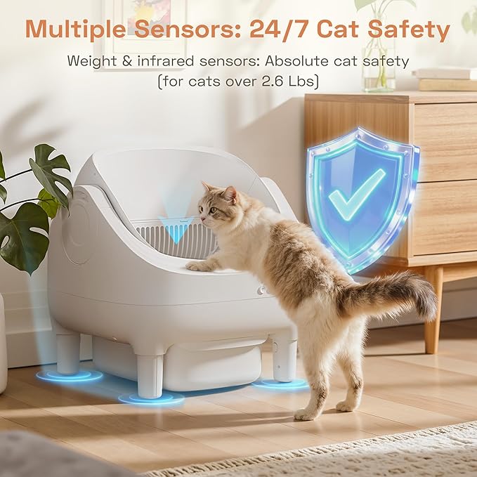 WARCAT Litter Box – Electric Automatic Self-Cleaning, Open-Top Design, Smart APP Control, 15L Large Waste Bin, Easy Odor Control, Includes Trash Bags & Mat (White)
