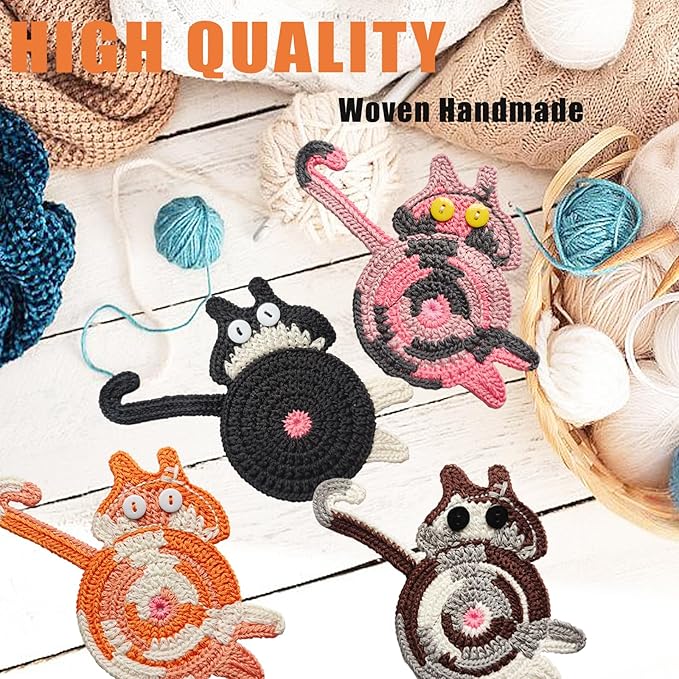 4PCS Cute Cat Cup Coasters, Gifts for Cats Lovers, Cat Coaster Woven Creative Knitted Coasters Funny Drink Insulation Coffee and Tea Coaster Table Protection Desktop Gifts