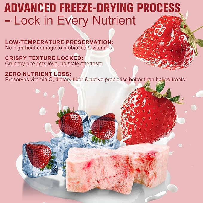 Freeze Dried Yogurt Dog Cats Treats Crunchy Snacks with Strawberry100g (3.52oz), High Protein Yogurts Snacks Pets Food for Cats Dogs Training (Strawberry Yogurt 1pcs)