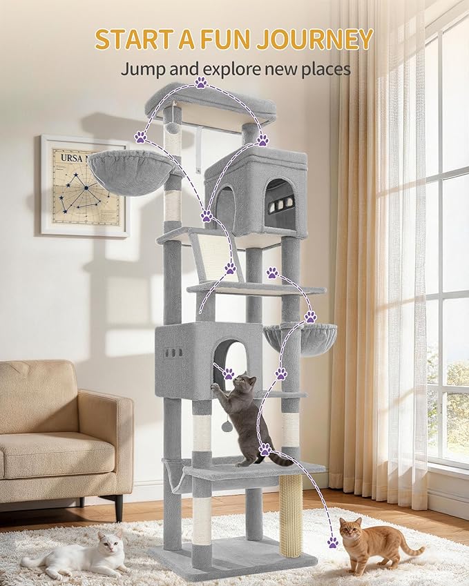 Hzuaneri Large Sturdy Cat Tree Tower, 84 Inch Tall Pet Condo For 7 Large Cats, Cat Tree Indoor Climbing Activity Tower, 2 Large Platform/2 Cave/2 Hanging Basket/5 Scratching Post, Light Grey MS21318LG