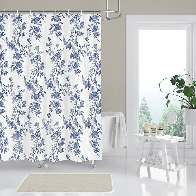 Blue Floral Shower Curtain,Vintage Wildflower Botanical Print Waterproof Polyester Fabric Bath Curtain,Spring Summer Bathroom Decor with 12 Hooks,72x72 Inch