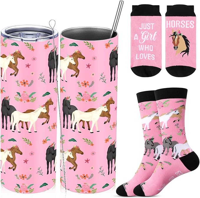 Funnymoom 2 Pack Horse Gifts Set Skinny Tumbler 20 oz Travel Coffee Mug Novelty Cute Animals Socks, Christmas Birthday Party Gifts for Horse Themed