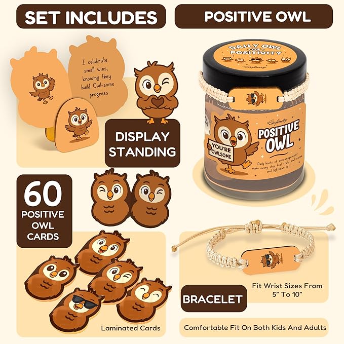 Stofinity Positive Owl Affirmation Jar – Emotional Support Owl Gifts For Women, 60 Stress Relief And Daily Encouragement Cards, Christmas Basket White Elephant Exchange Gift Ideas