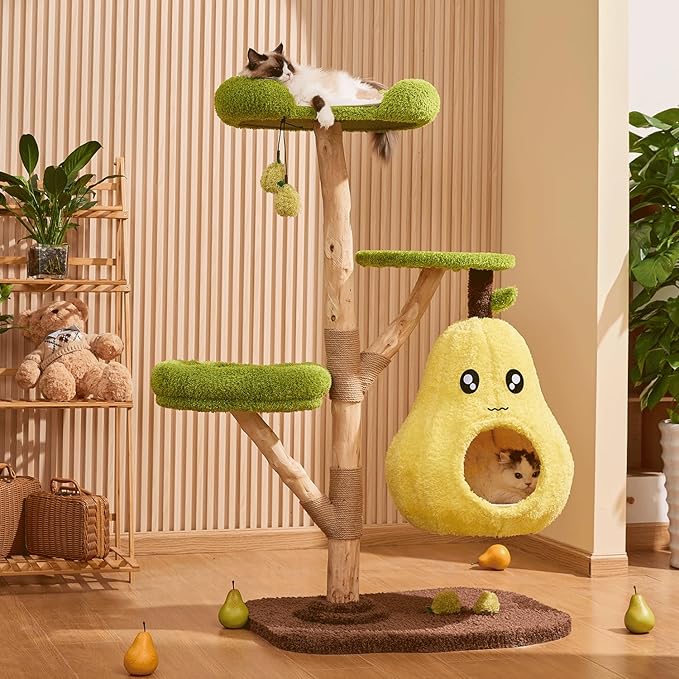 54'' Modern Cat Tree for Indoor Large Cats,Luxury Pear Theme Cat Tower with Soild Wood Sisal Scratching Post,Cute Condo for Home Decoration,All in One for Multi-cat Households