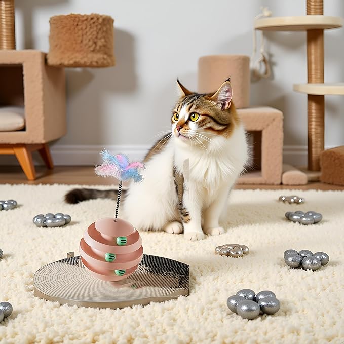 Cat Toys for Indoor Cats, Interactive Cat Toy Ball Track with Feather Sticks, 3 Spinning Balls, Wobble Rotating Tumbler Base for Bored Indoor Adult Cats to Play Alone, Reduce Anxiety (Pink).